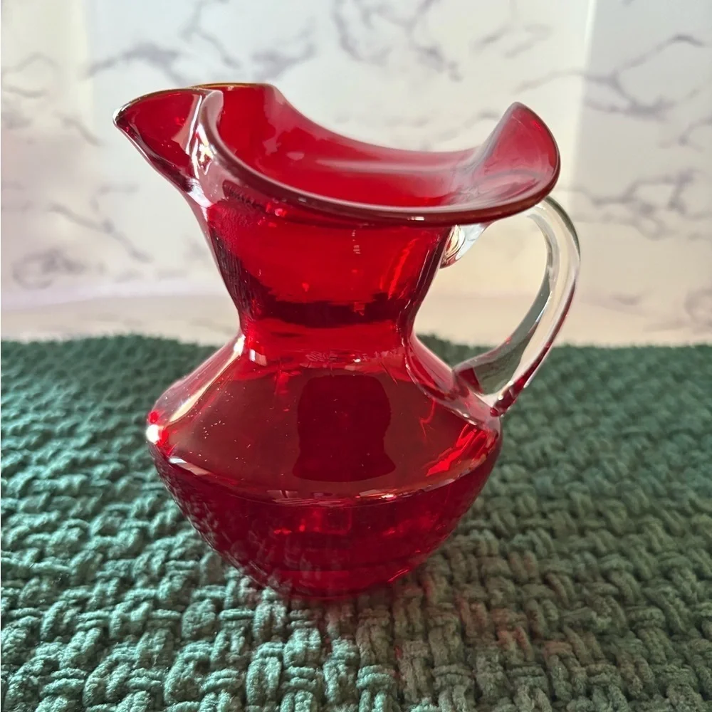 Vintage Ruby Red Mid Century Glass Pitcher-Ruffle Rim with Clear Handle